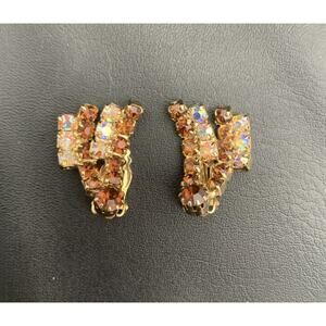 Vintage Earrings Clip On Climber AB And Amber Rhinestones 60s 70s Estate